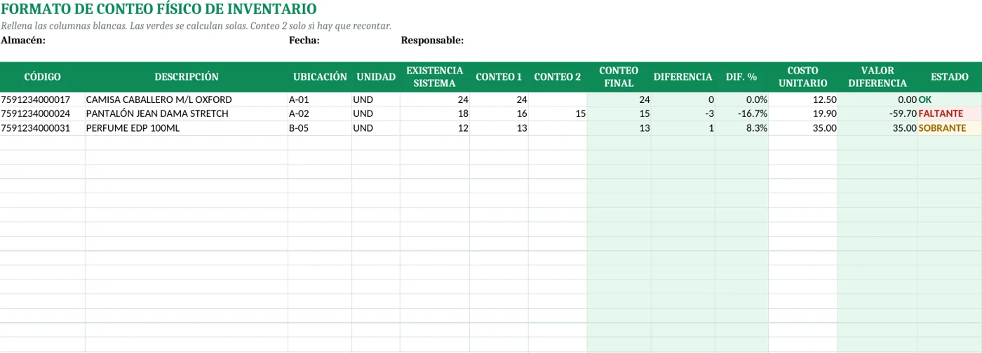 Formato de conteo físico de inventario en Excel: existencia en sistema, conteo 1, conteo 2, diferencia, valor y estado OK, faltante o sobrante