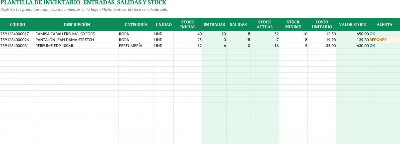 Plantilla de inventario en Excel con fórmulas: entradas, salidas, stock actual, stock mínimo, valor y alerta de reposición